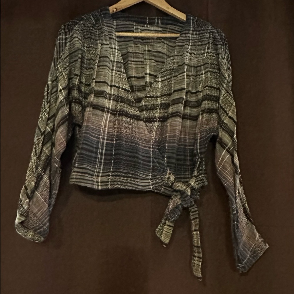 We The Free Black and Gray Plaid Wrap Blouse